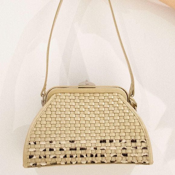 Sharif Handbags - PATENT LEATHER Cream Leather Woven Satchel bag - fur weave patent leather